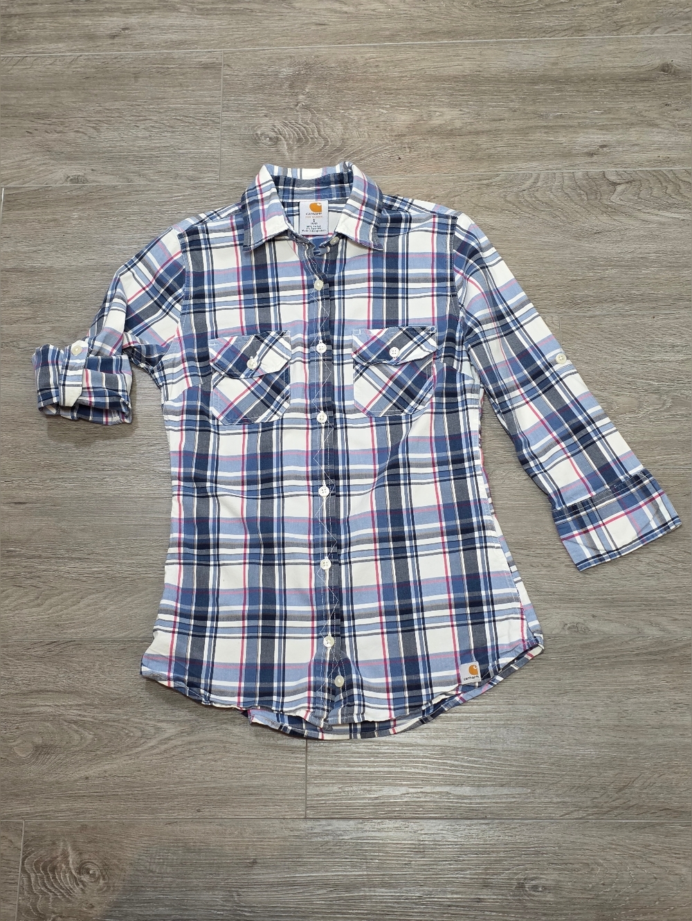 Carhartt Womans Roll Up Sleeve Plaid Poplin Button Up Shirt Sz Small 4-6 Stretch
